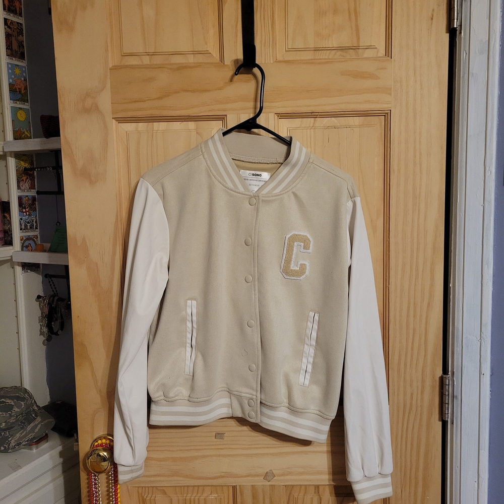Ci Sono Beige and White Varsity Jacket